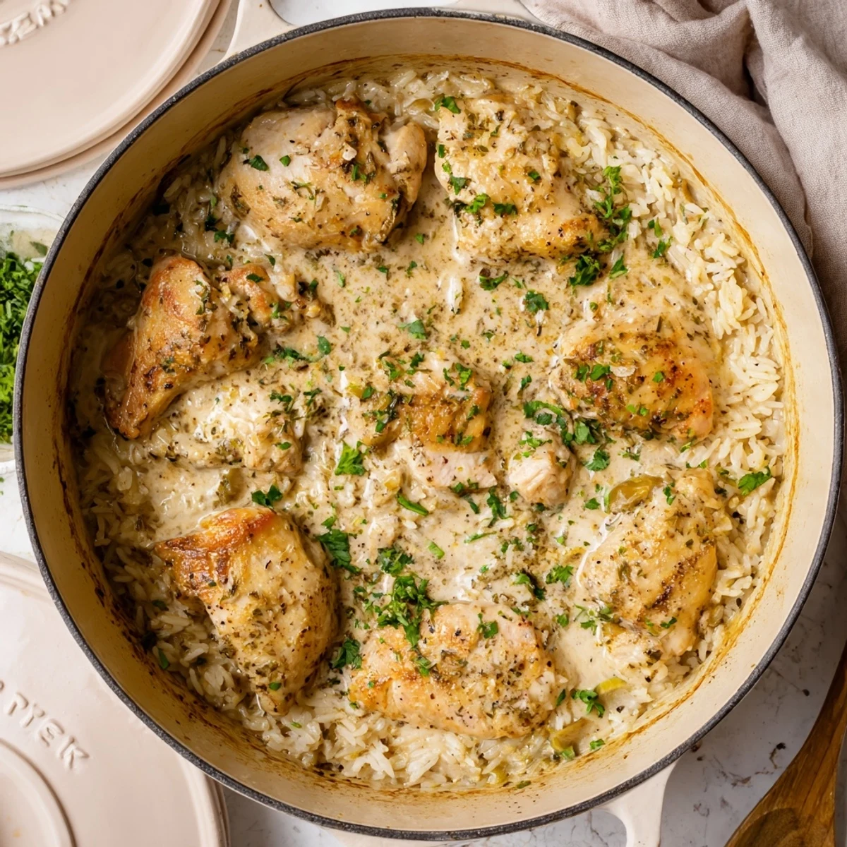Golden brown chicken breasts rest atop creamy Parmesan rice in this comforting angel chicken rice bake dinner