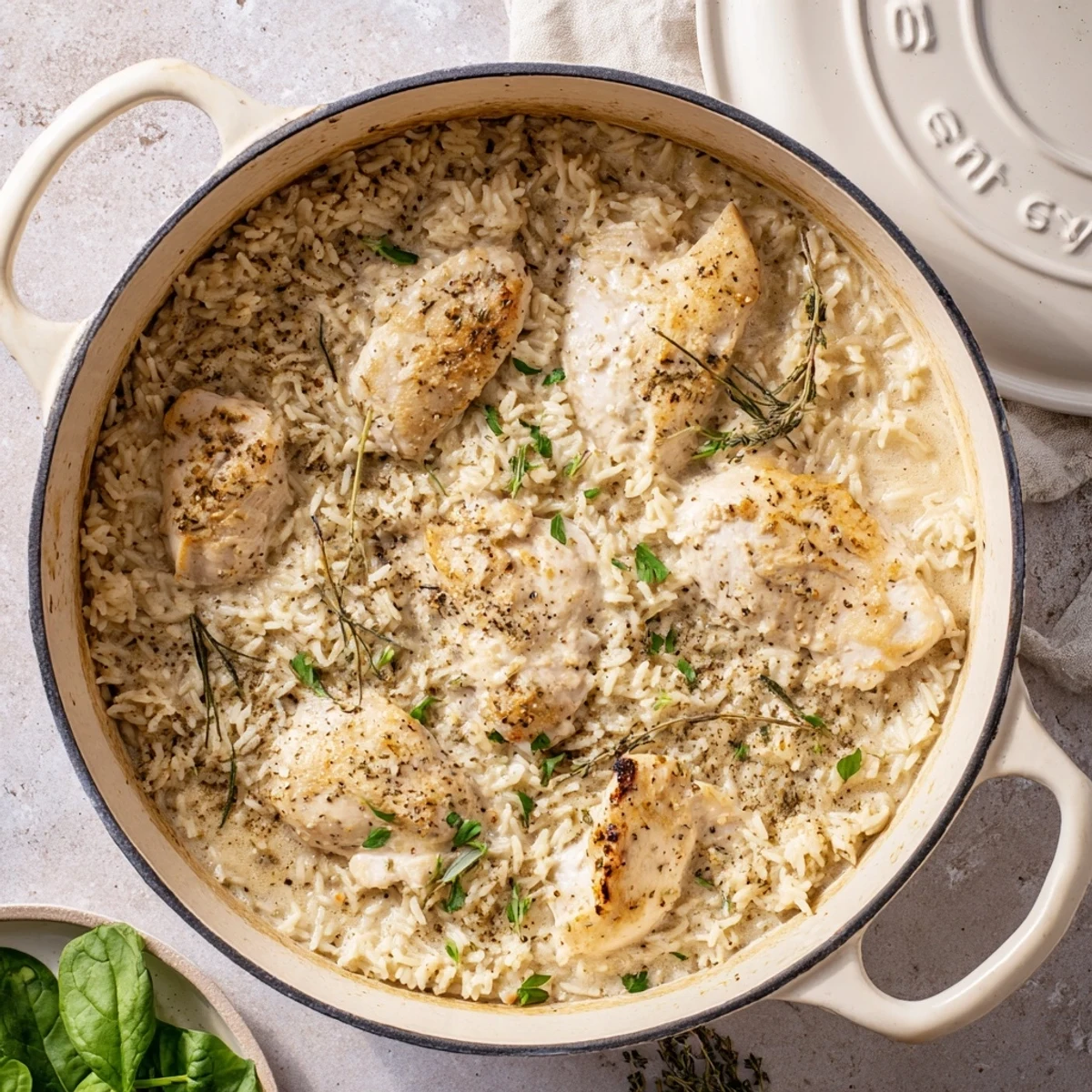 Juicy seasoned chicken simmers with tender rice in a rich white sauce for this easy angel chicken rice bake