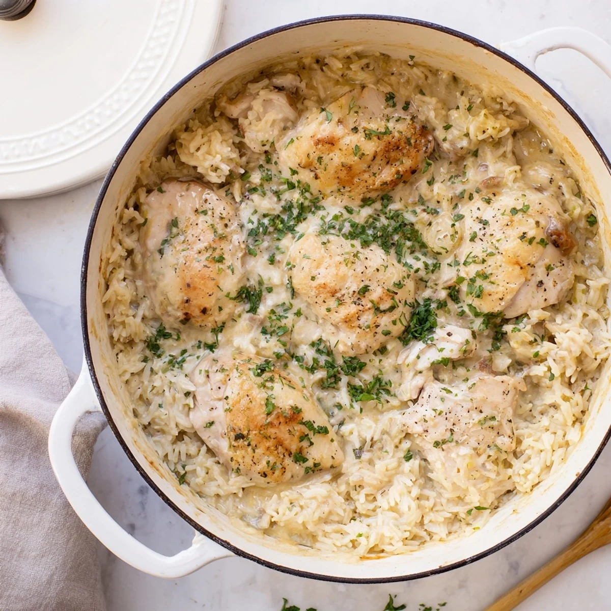 Creamy one pot casserole featuring melted cheese sauce over chicken and rice in this angel chicken rice bake dinner