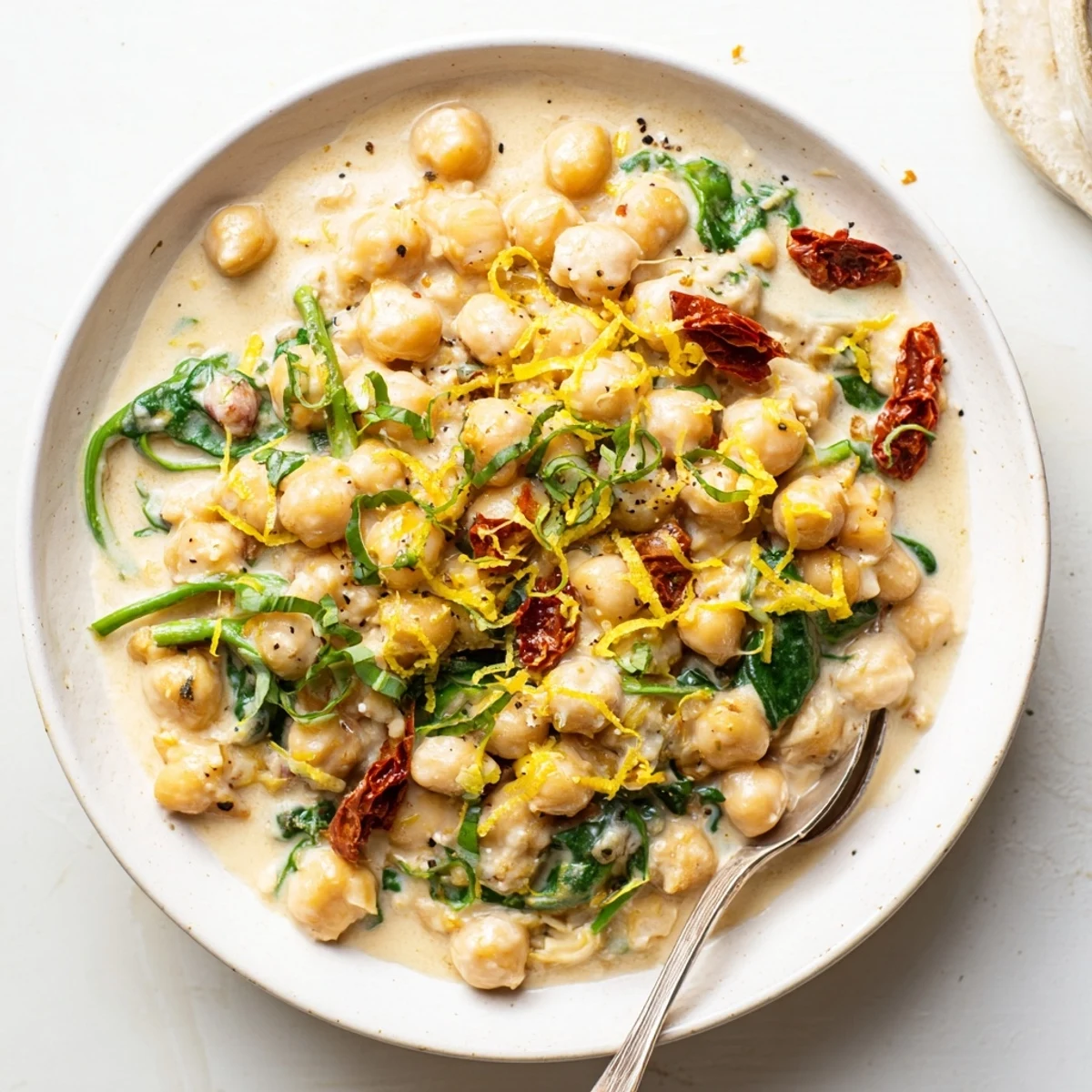 Creamy Marry Me Chickpeas with sun-dried tomatoes and wilted spinach garnished with fresh basil