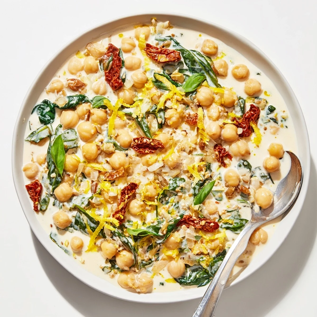 Vibrant vegetarian Marry Me Chickpeas plated with lemon zest and green basil over crusty bread