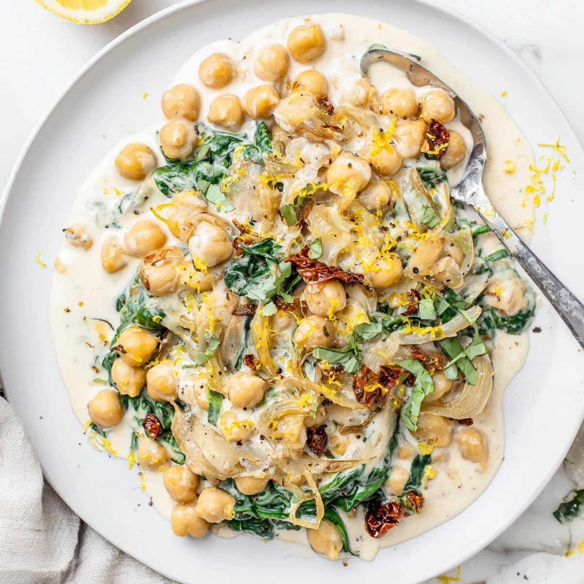 Golden chickpeas swimming in a rich creamy sauce with red pepper flakes and aromatic herbs