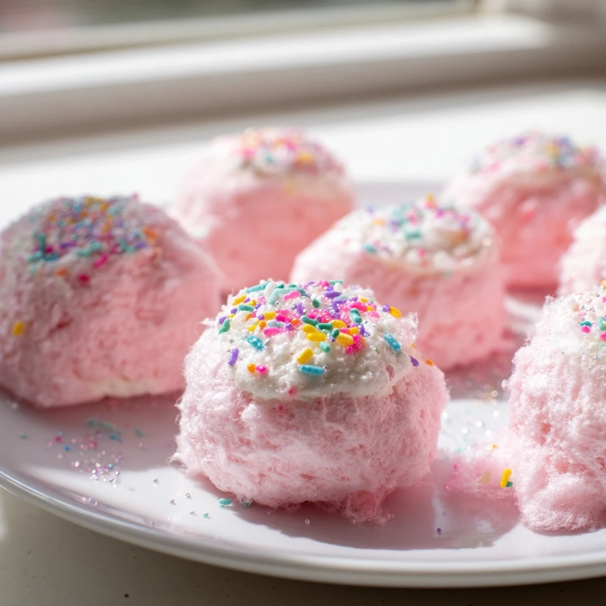 Mini cotton candy cheesecake puff balls with pastel pink fluffy coating on white plate