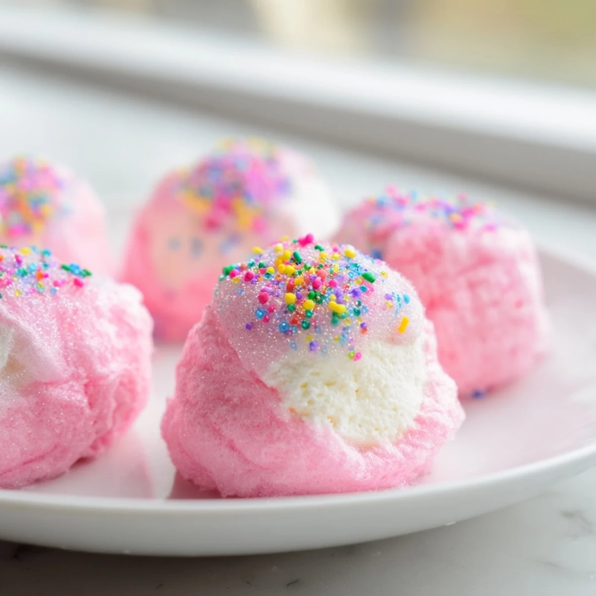 Creamy mini cotton candy cheesecake puff balls topped with colorful rainbow sprinkles