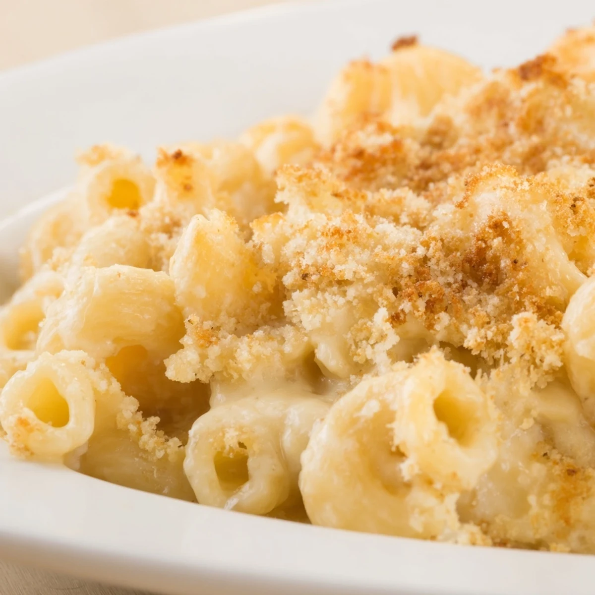 Golden three cheese baked macaroni with bubbly cheese sauce and crispy panko topping
