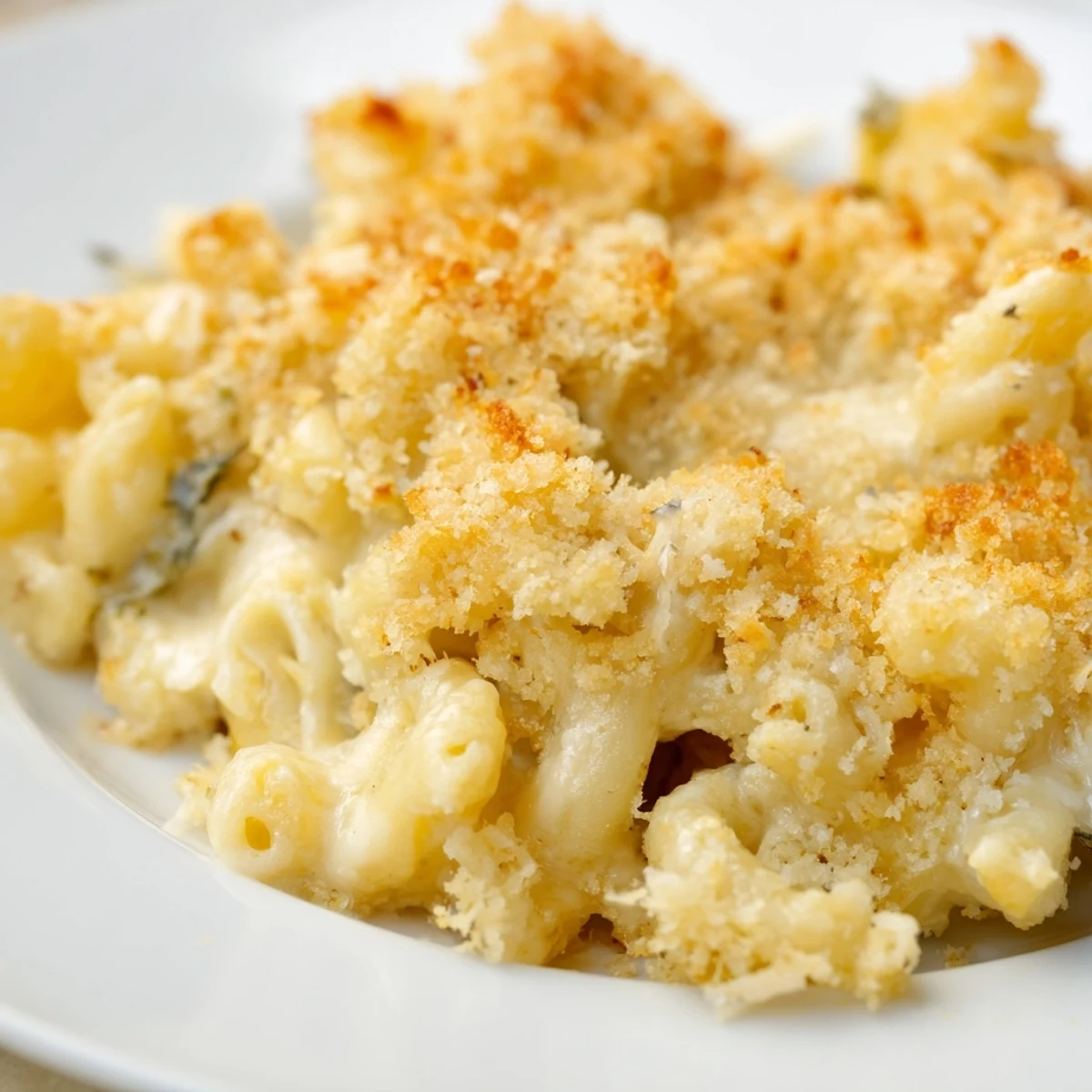 Creamy three cheese baked macaroni served steaming in a rustic white baking dish