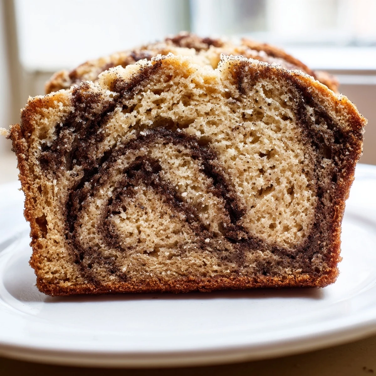 Cinnamon Sugar Swirl Banana Bread with golden crust and ribbons of spiced sweetness throughout each moist slice