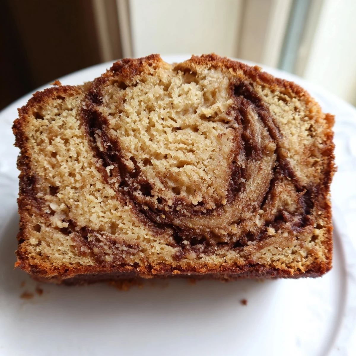 A slice of Cinnamon Sugar Swirl Banana Bread revealing marbled cinnamon layers on a rustic wooden cutting board