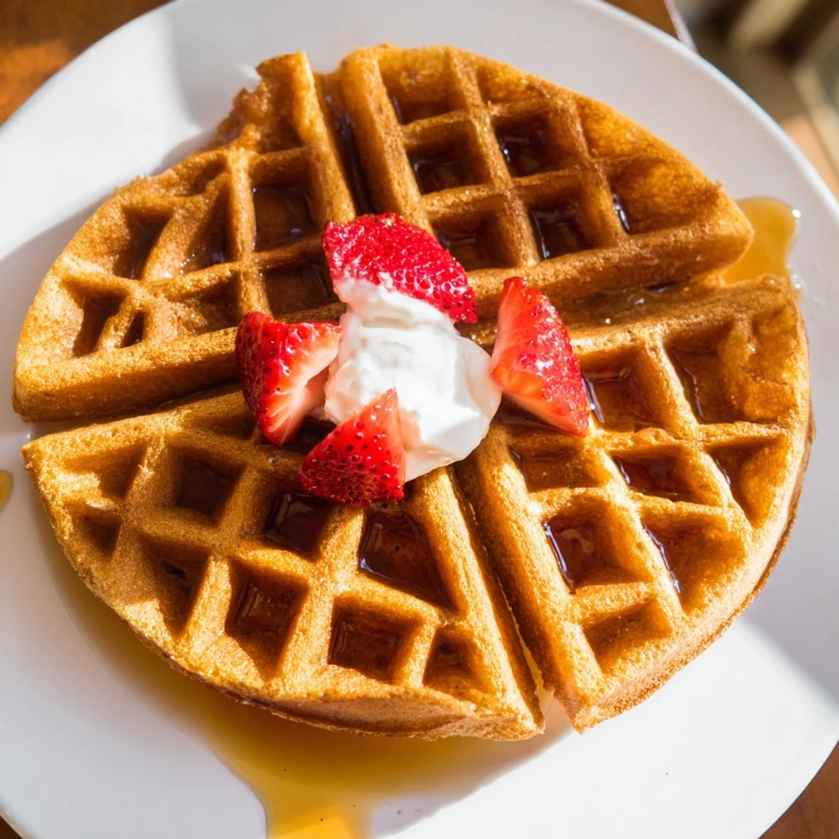 Golden crispy Greek Yogurt Waffles stacked on a white plate with maple syrup drizzle