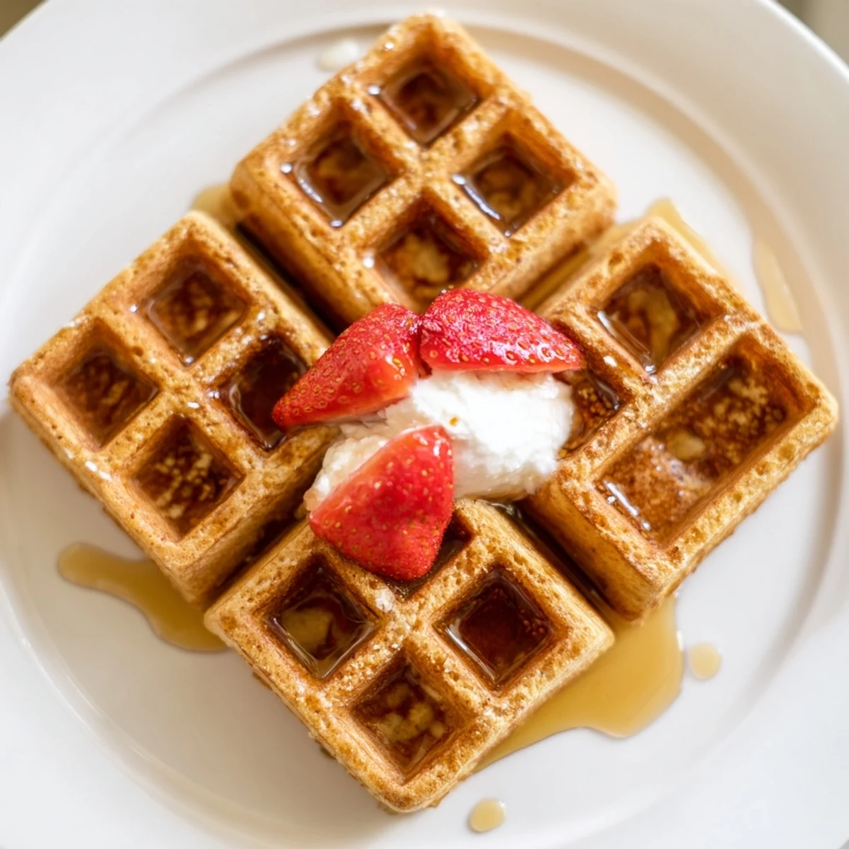 Fluffy Greek Yogurt Waffles topped with fresh berries and a pat of melting butter