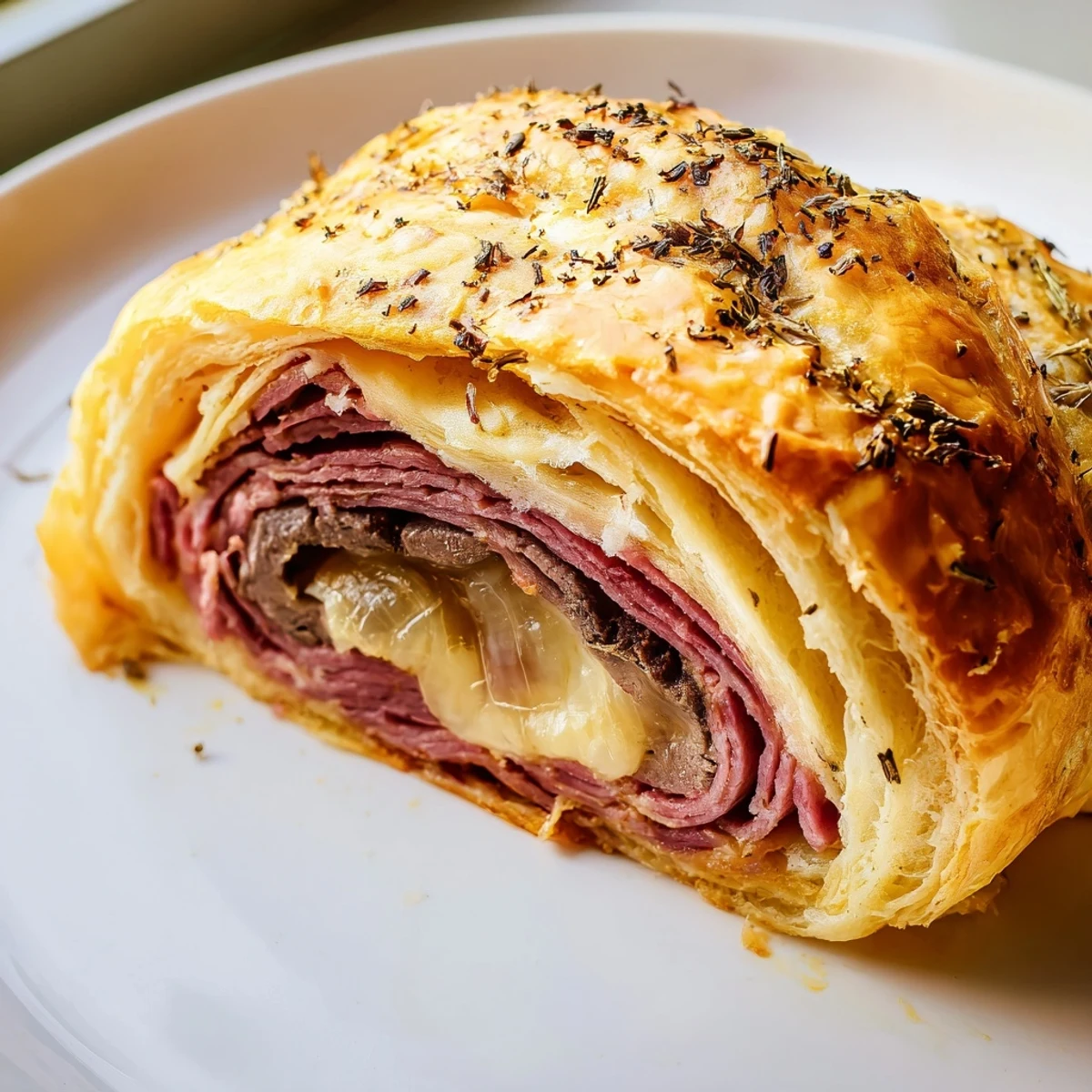 Beef and Cheese French Dip Roll Ups with bubbling provolone cheese peeking through flaky golden crescent dough