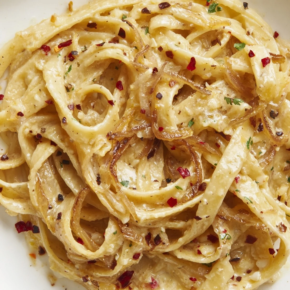 Creamy Sweet Heat Caramelized Onion Fettuccine twirled in a skillet with golden jammy onions and fresh parsley garnish