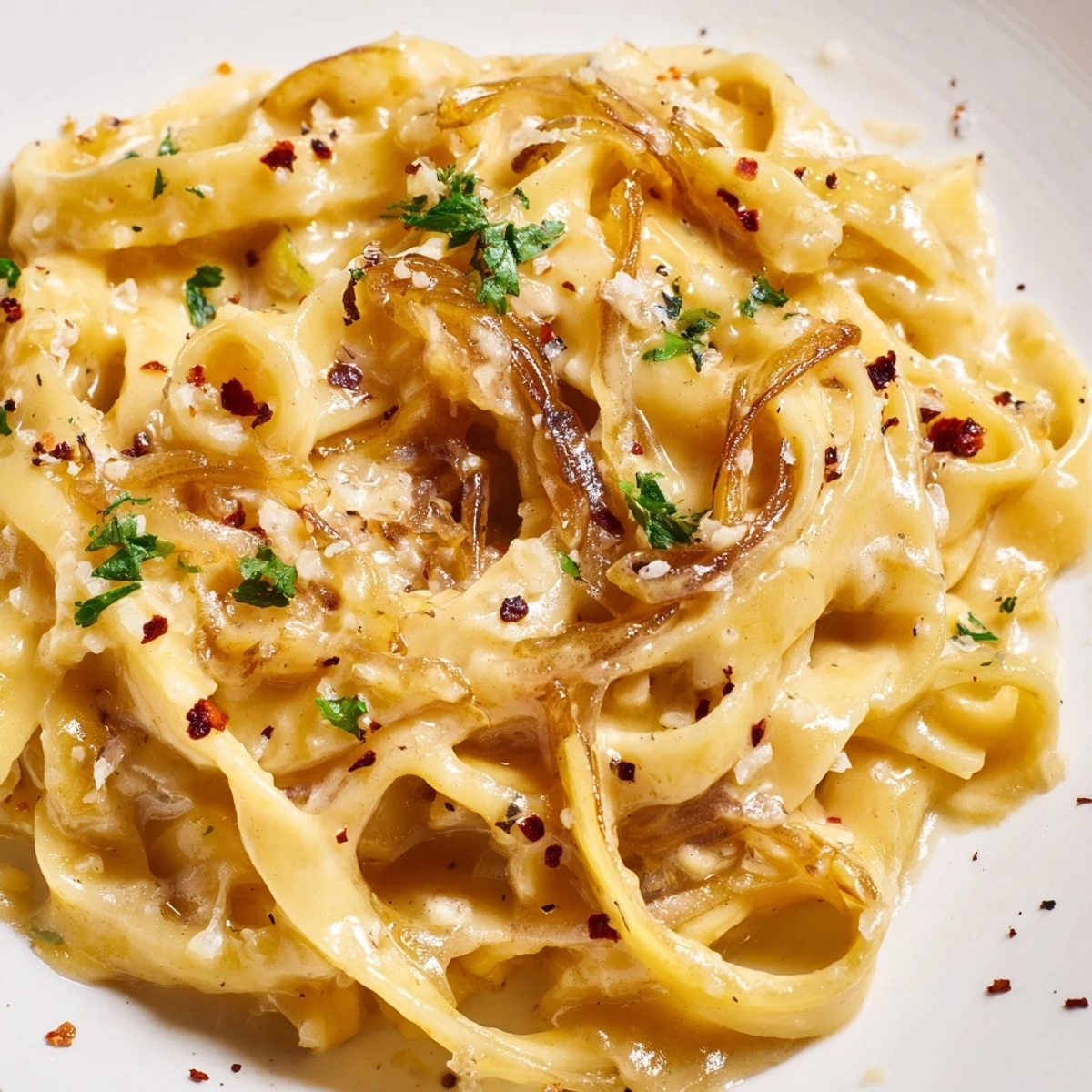 Sweet Heat Caramelized Onion Fettuccine served in a white bowl topped with grated Parmesan and red pepper flakes
