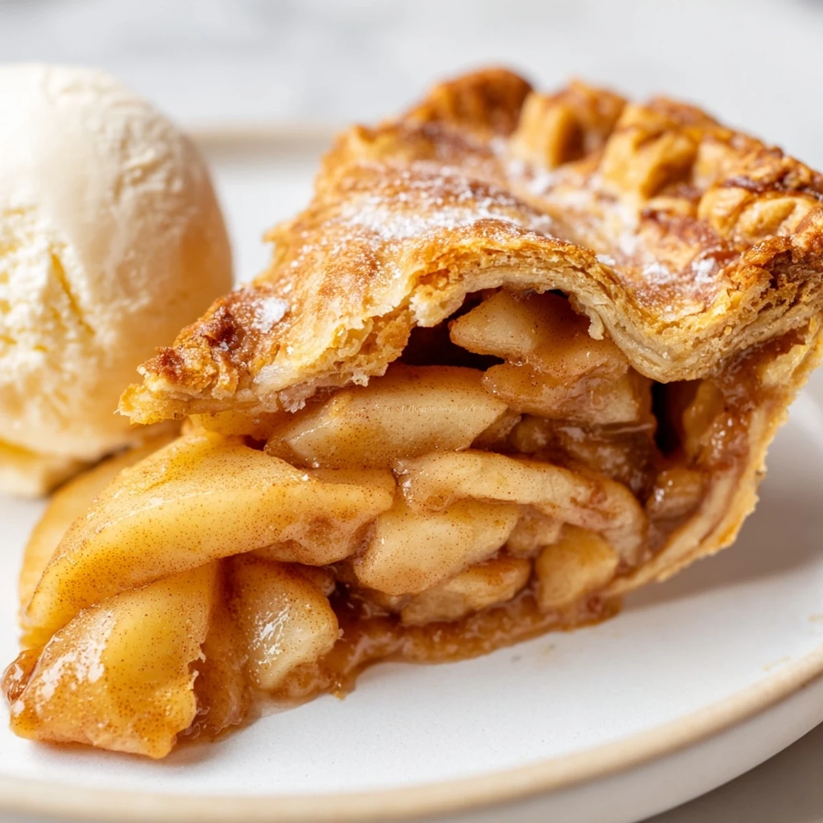 Golden homemade apple pie with flaky crust, sliced to reveal cinnamon spiced tender apple filling