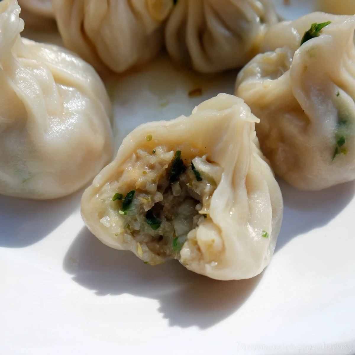 Steamed Nepali momo dumplings with pleated edges served alongside spicy tomato dipping sauce
