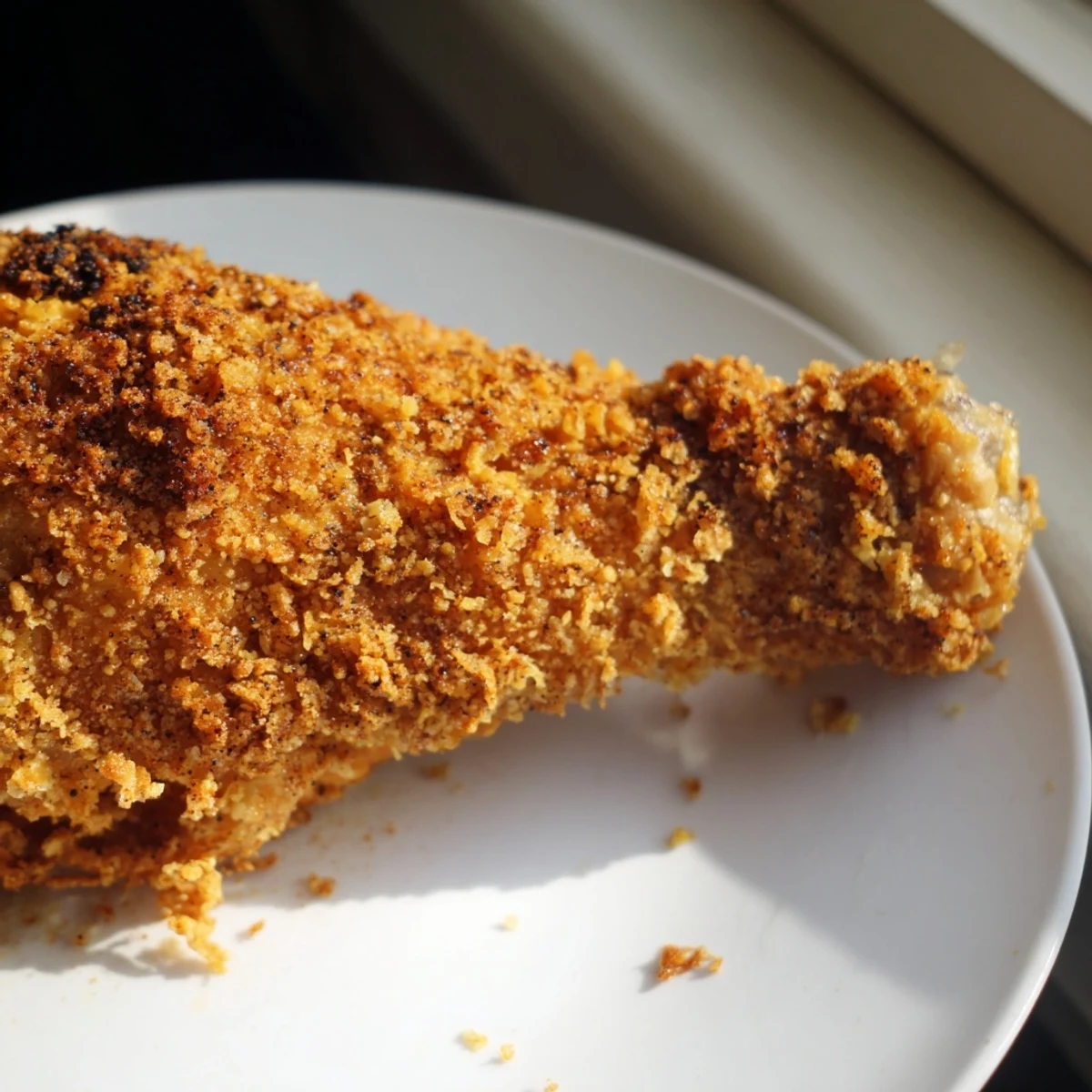 Golden crispy fried chicken pieces served on a rustic wooden cutting board with herbs