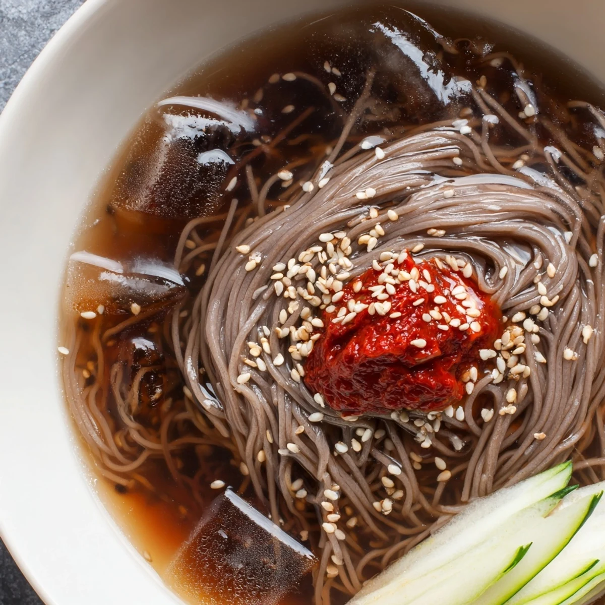 Korean Naengmyeon cold noodle soup in a chilled tangy broth with sliced beef and egg