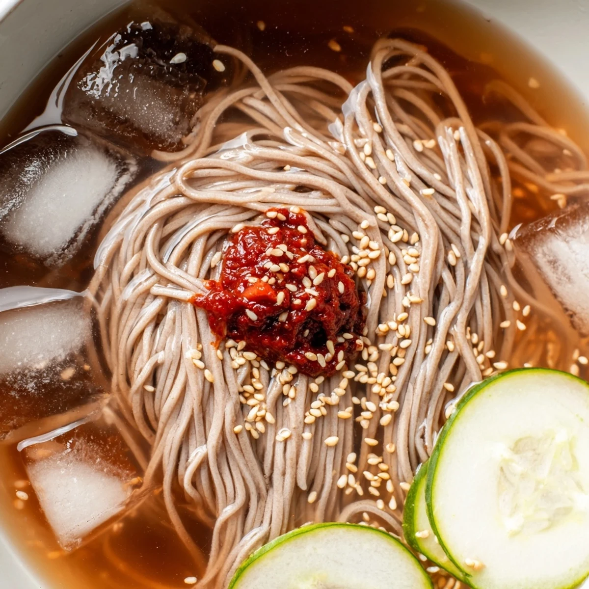 Chewy buckwheat noodles swimming in icy Korean Naengmyeon broth with crisp cucumber garnish