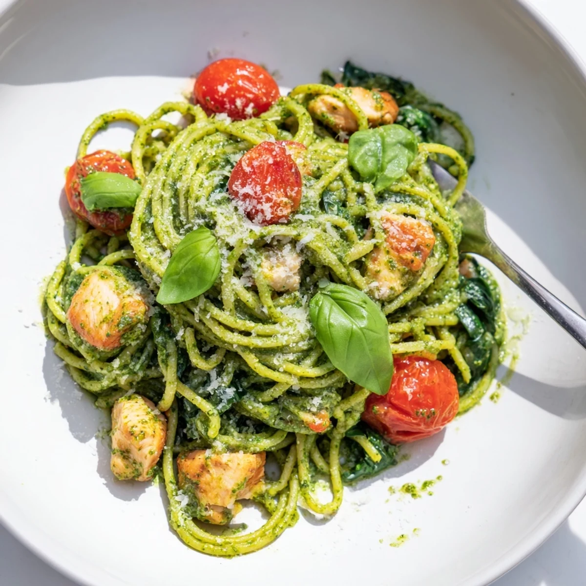 Creamy light pesto pasta with chicken topped with fresh basil and Parmesan cheese