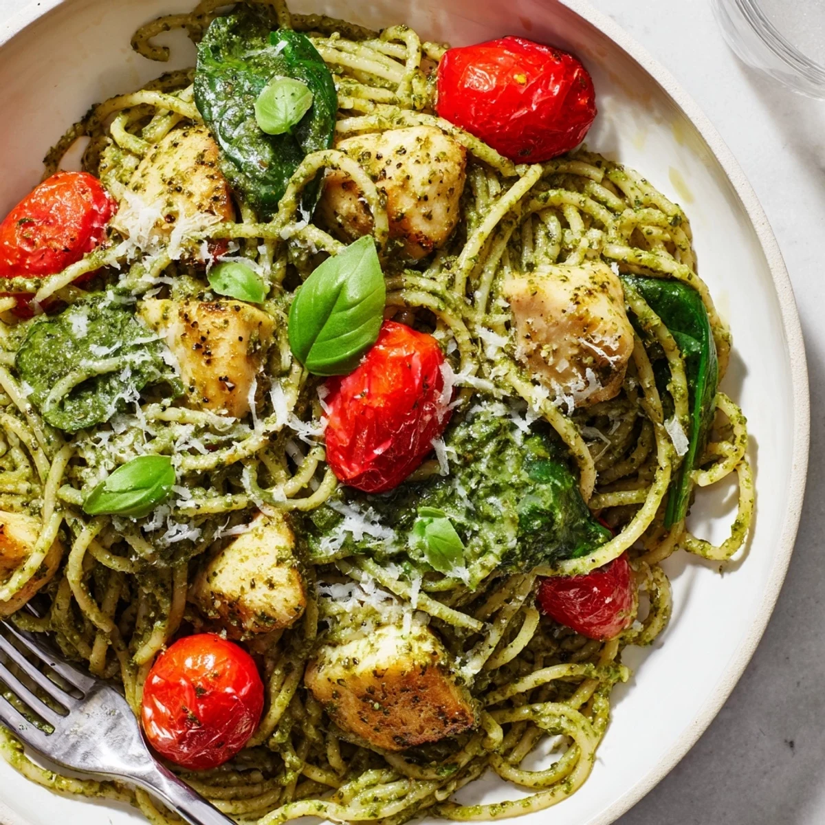 Tender golden chicken pieces tossed in light pesto pasta with vibrant green basil sauce
