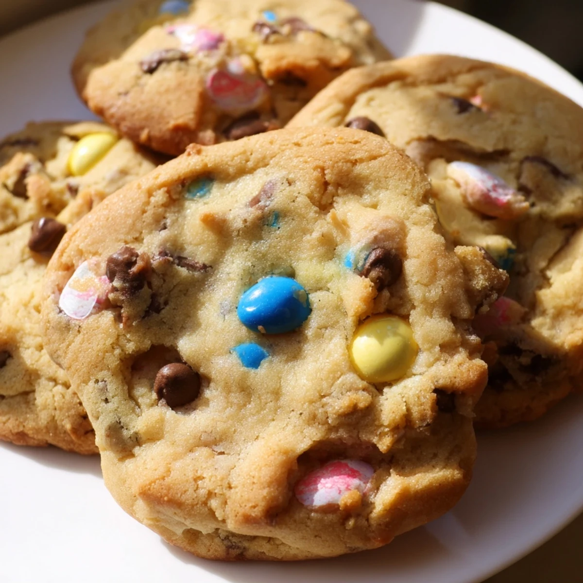 Soft Cadbury Egg Cookies with golden edges and colorful candy pieces on a rustic baking sheet
