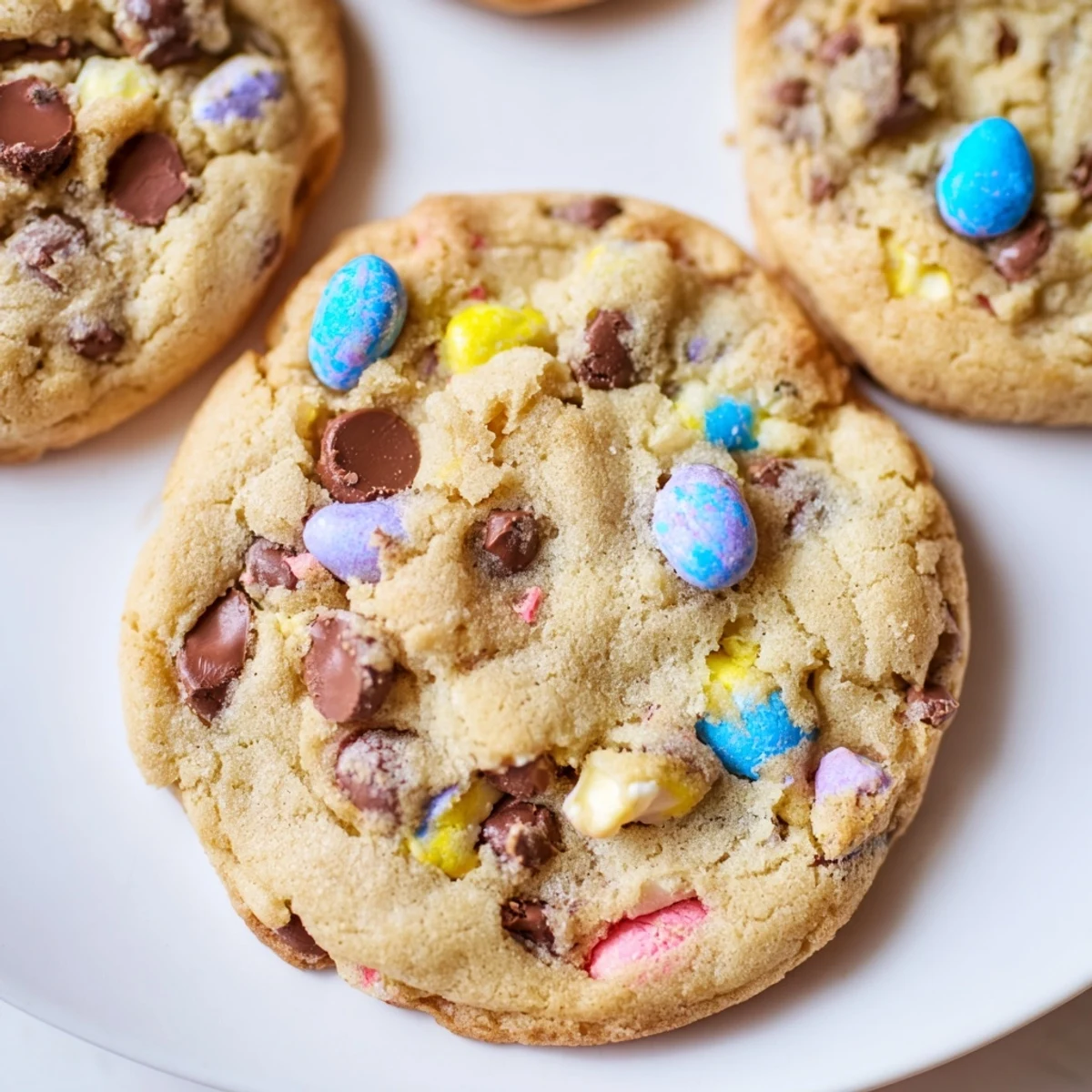 Warm Cadbury Egg Cookies fresh from the oven dotted with vibrant mini chocolate eggs