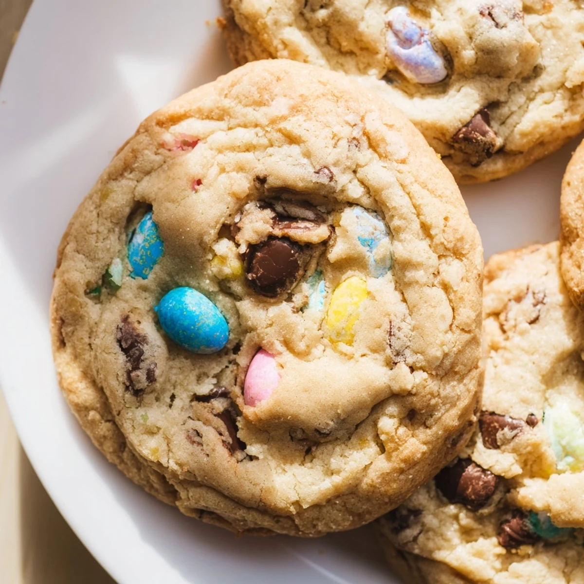 Chewy Cadbury Egg Cookies topped with melted chocolate and pastel egg fragments close up