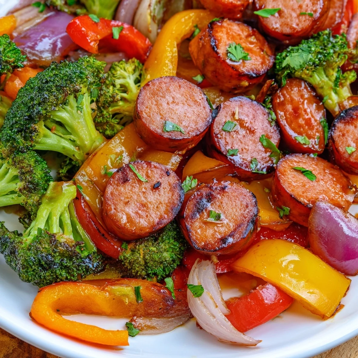 Golden honey garlic kielbasa with roasted vegetables glistening on a sheet pan