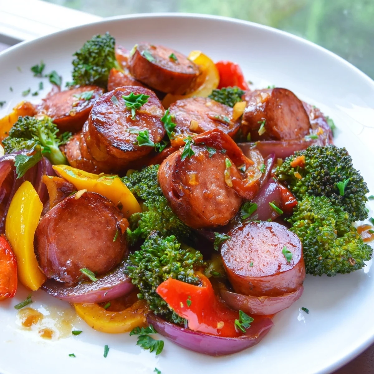Smoky kielbasa slices nestled among tender broccoli and carrots with glossy honey sauce