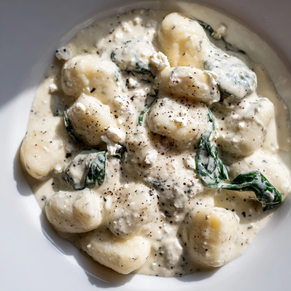 Soft pillowy gnocchi with spinach and feta swimming in rich cream sauce