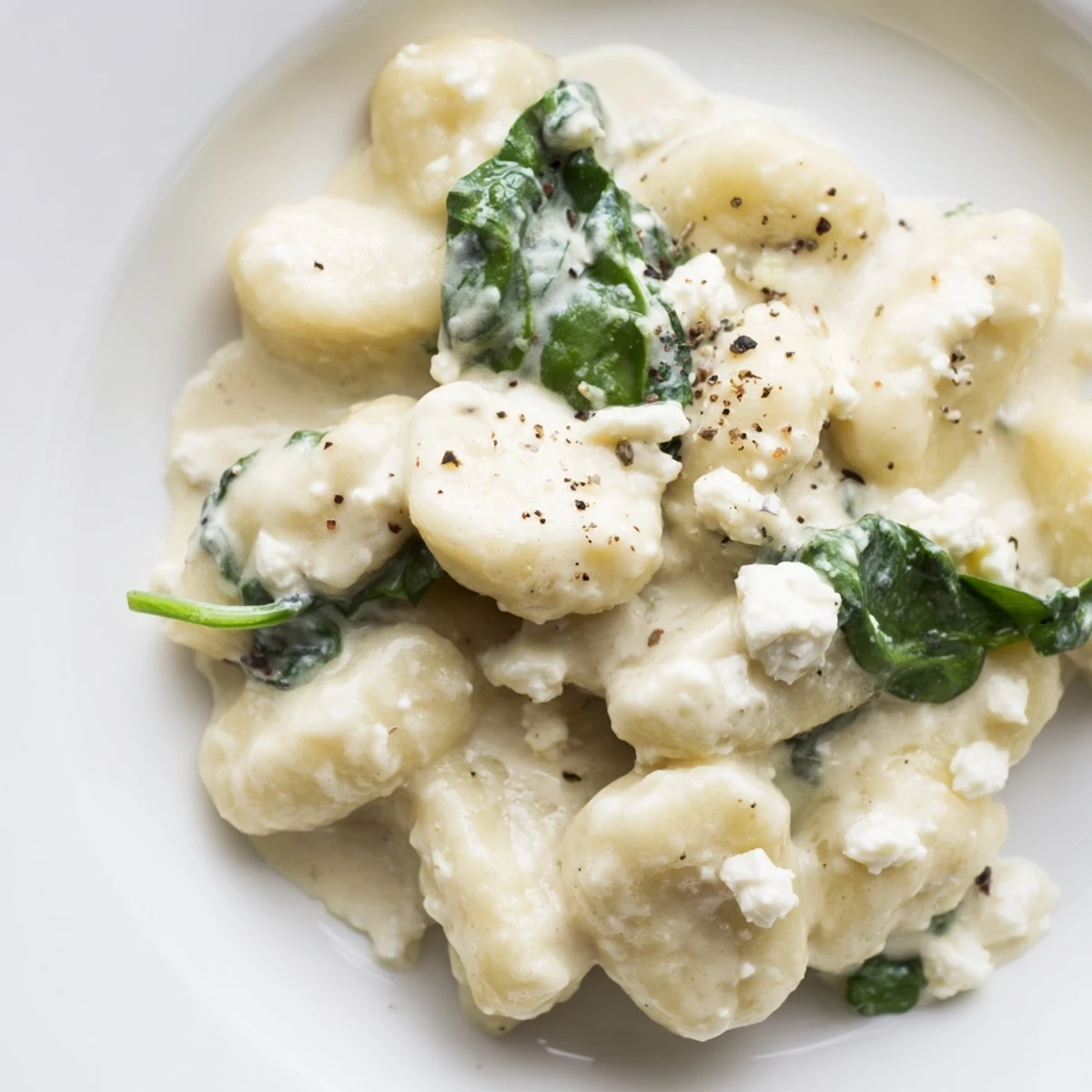 Creamy gnocchi with spinach and feta topped with crumbled cheese garnish