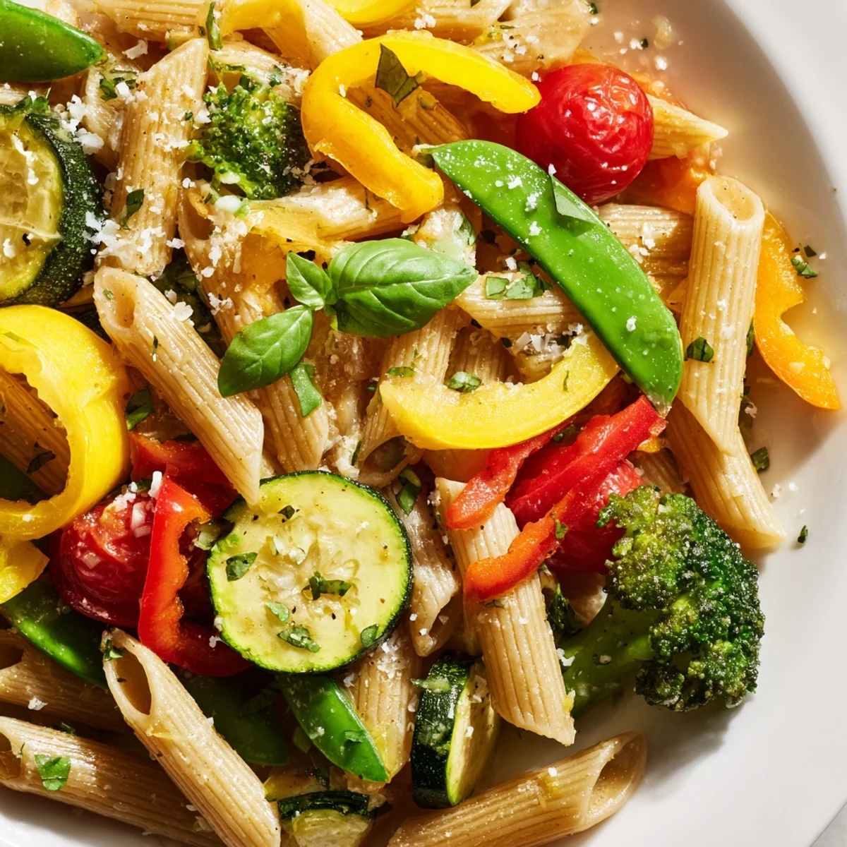 Colorful Pasta Primavera tossed with tender spring vegetables in a light lemon garlic sauce.
