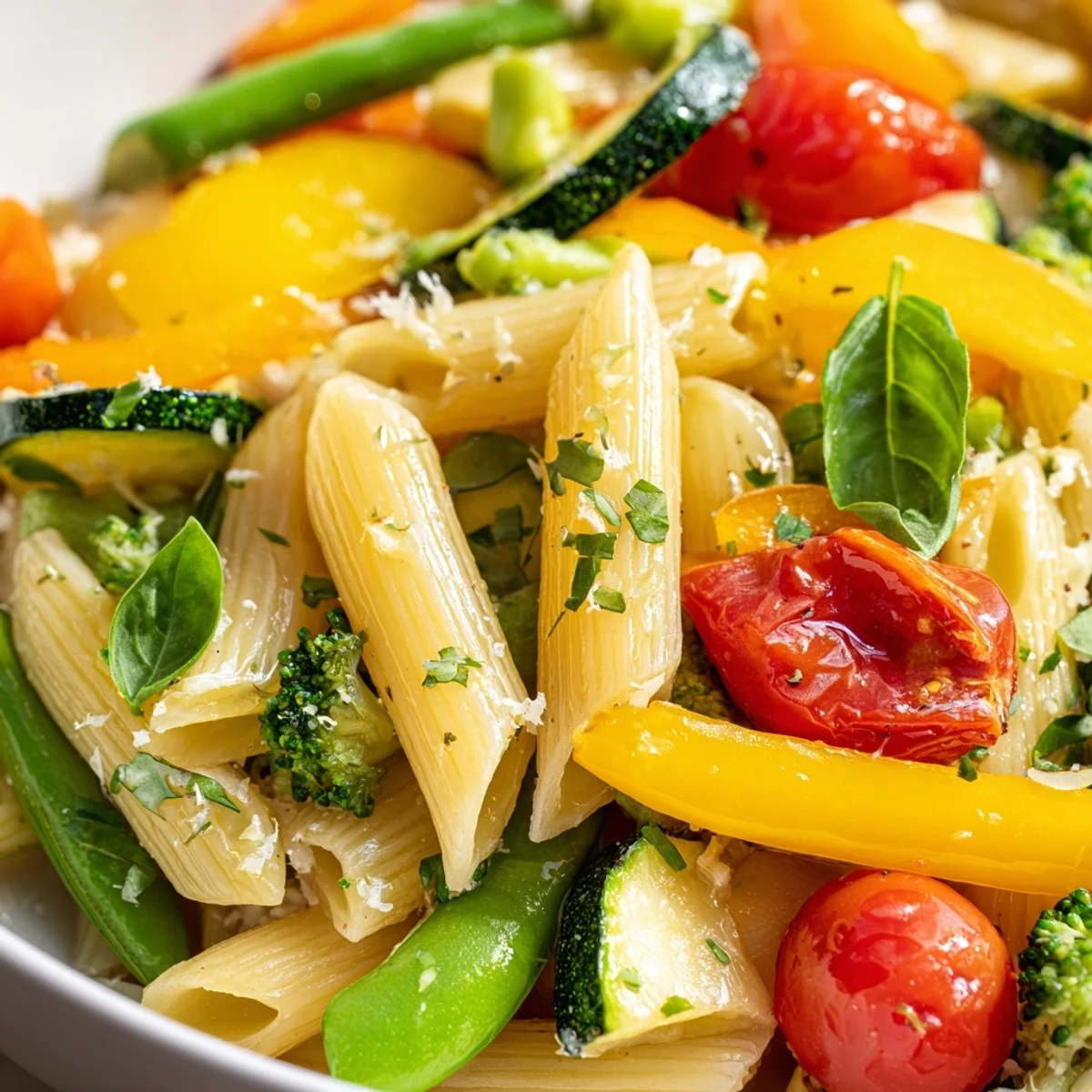 Steaming bowl of Pasta Primavera topped with fresh basil and grated Parmesan cheese.