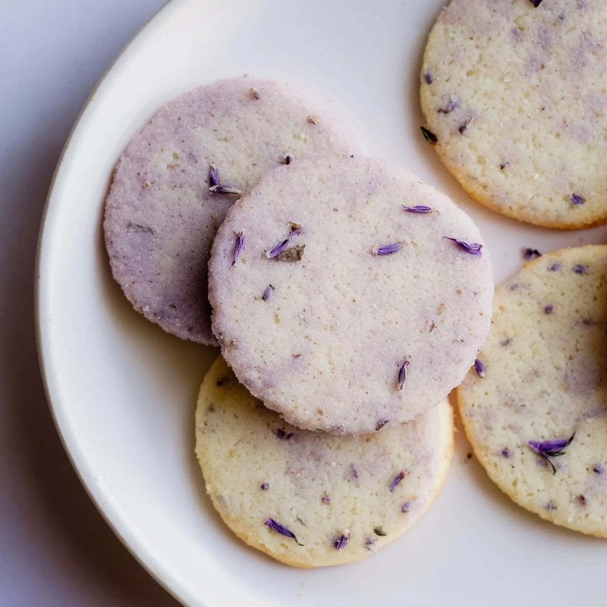 Buttery lilac sugar cookies arranged on a rustic white ceramic serving plate