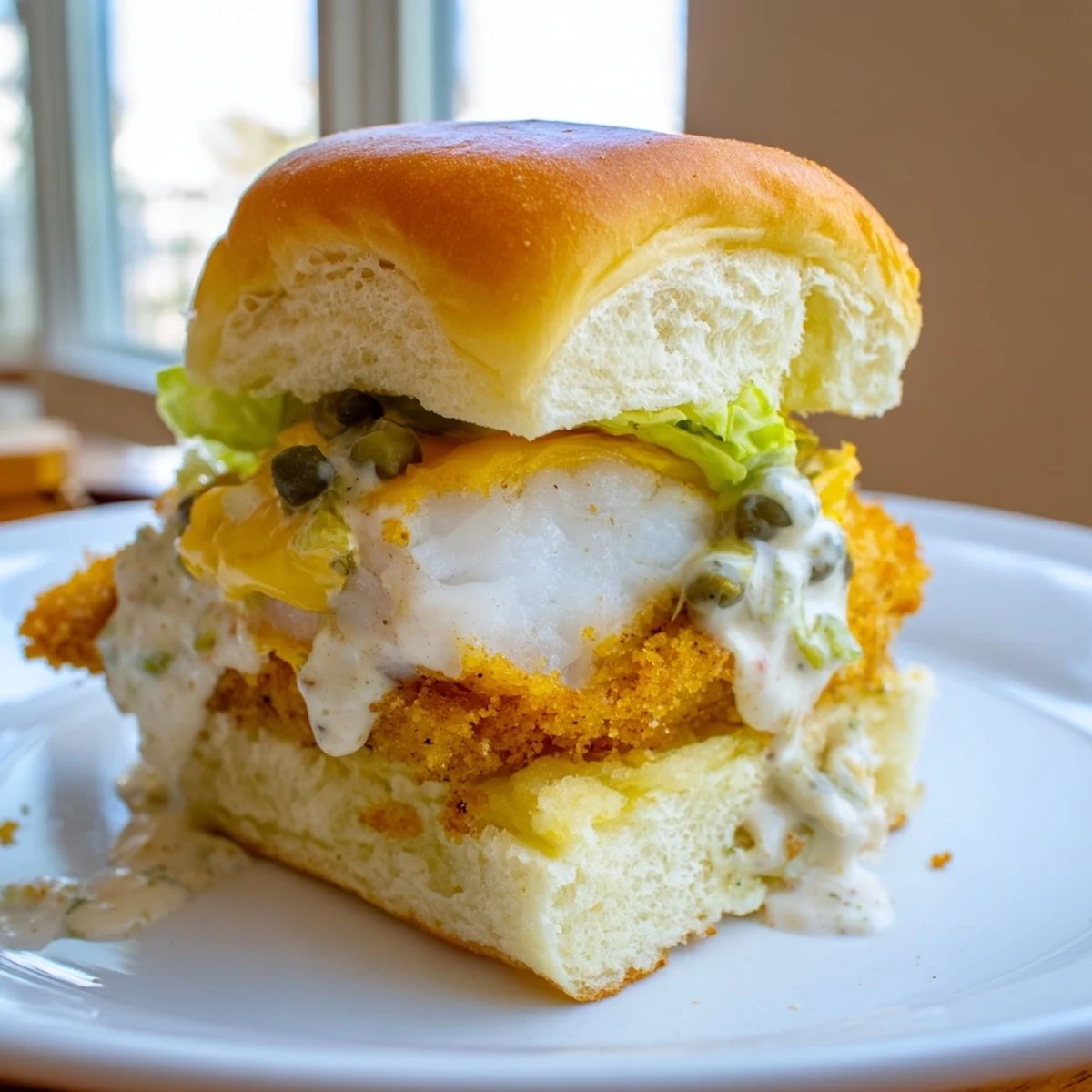 Mini Filet O Fish Sliders with crunchy battered cod melty cheese and lettuce
