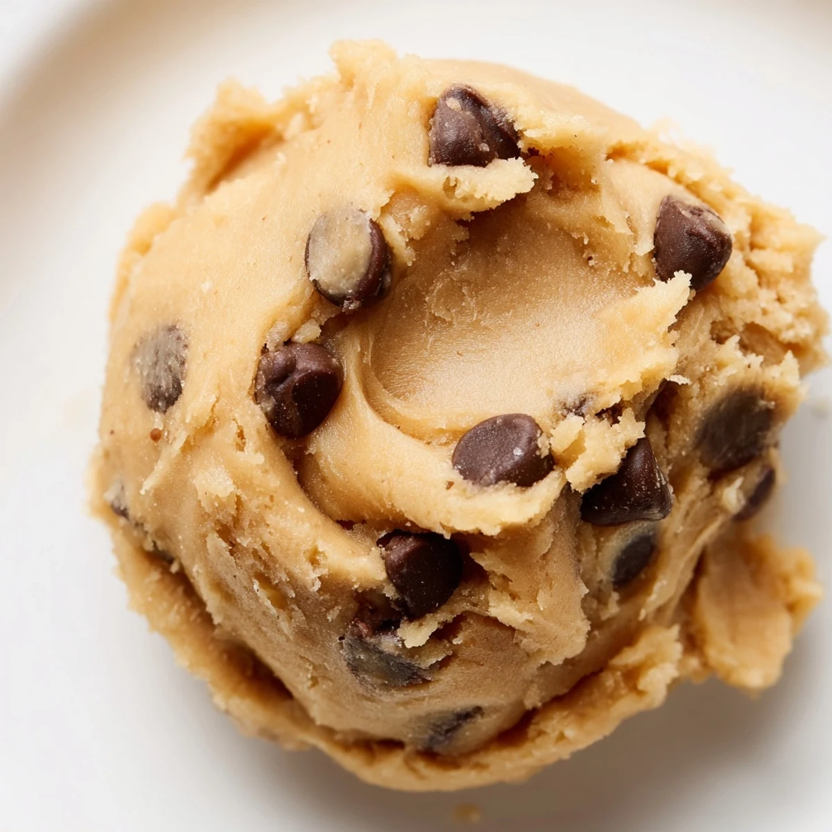 Creamy chocolate chip cookie dough scooped into balls with mini chocolate chips throughout