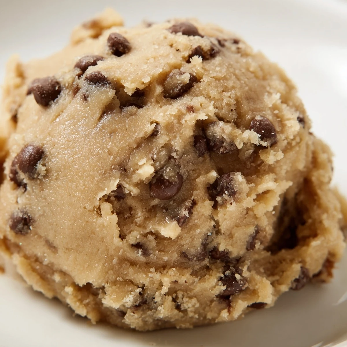Edible chocolate chip cookie dough in a rustic bowl ready for spoonful snacking