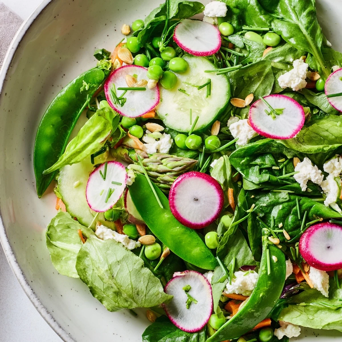 A vibrant bright spring salad with crisp greens, radishes, and crumbled feta on a rustic plate