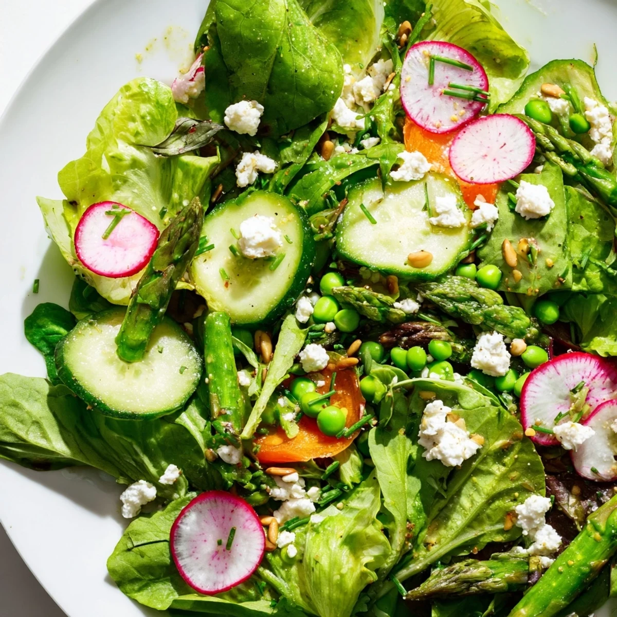 Bright spring salad drizzled with citrusy vinaigrette, tossed with tender asparagus and fresh peas