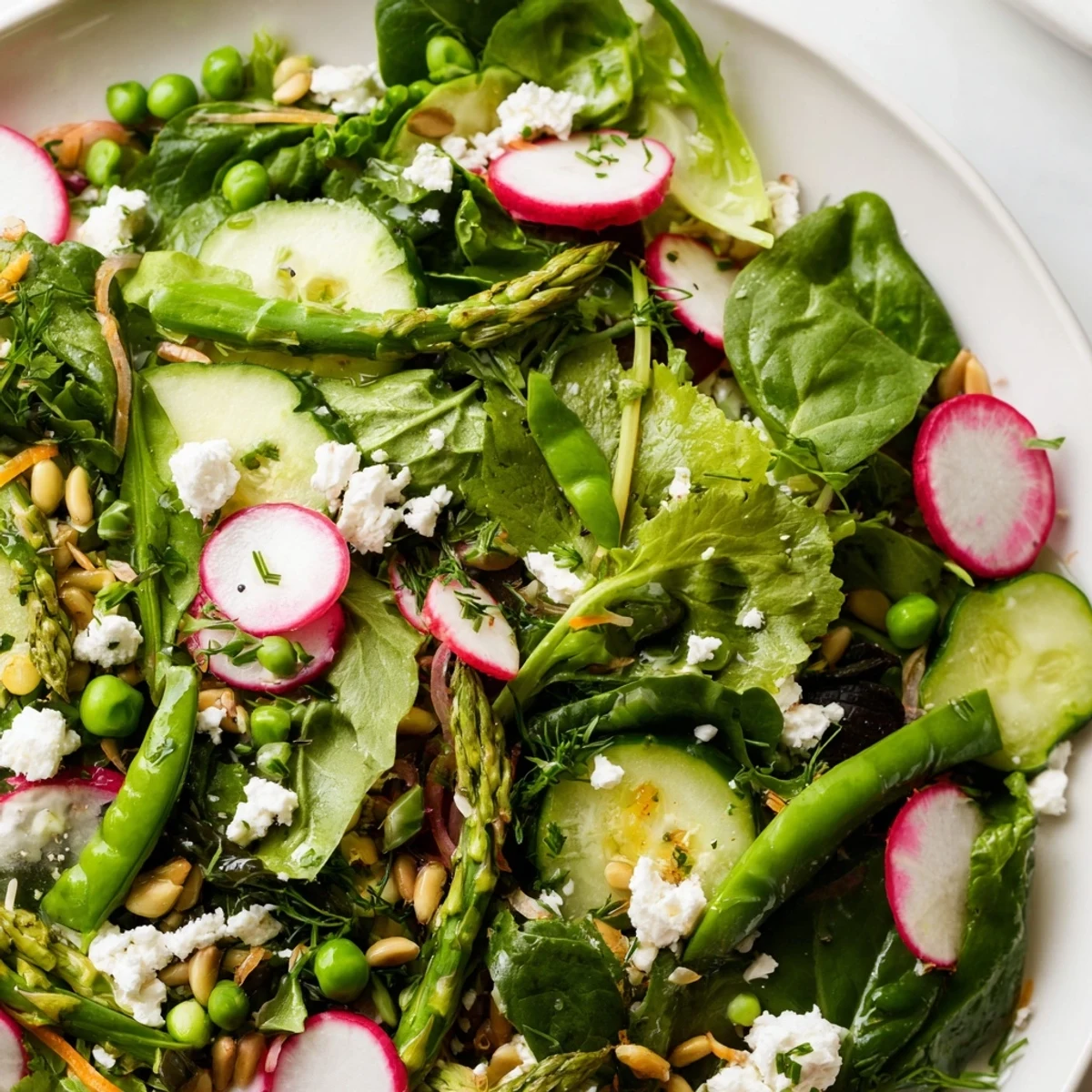 Colorful bright spring salad topped with shaved carrot, sunflower seeds, and creamy feta cheese