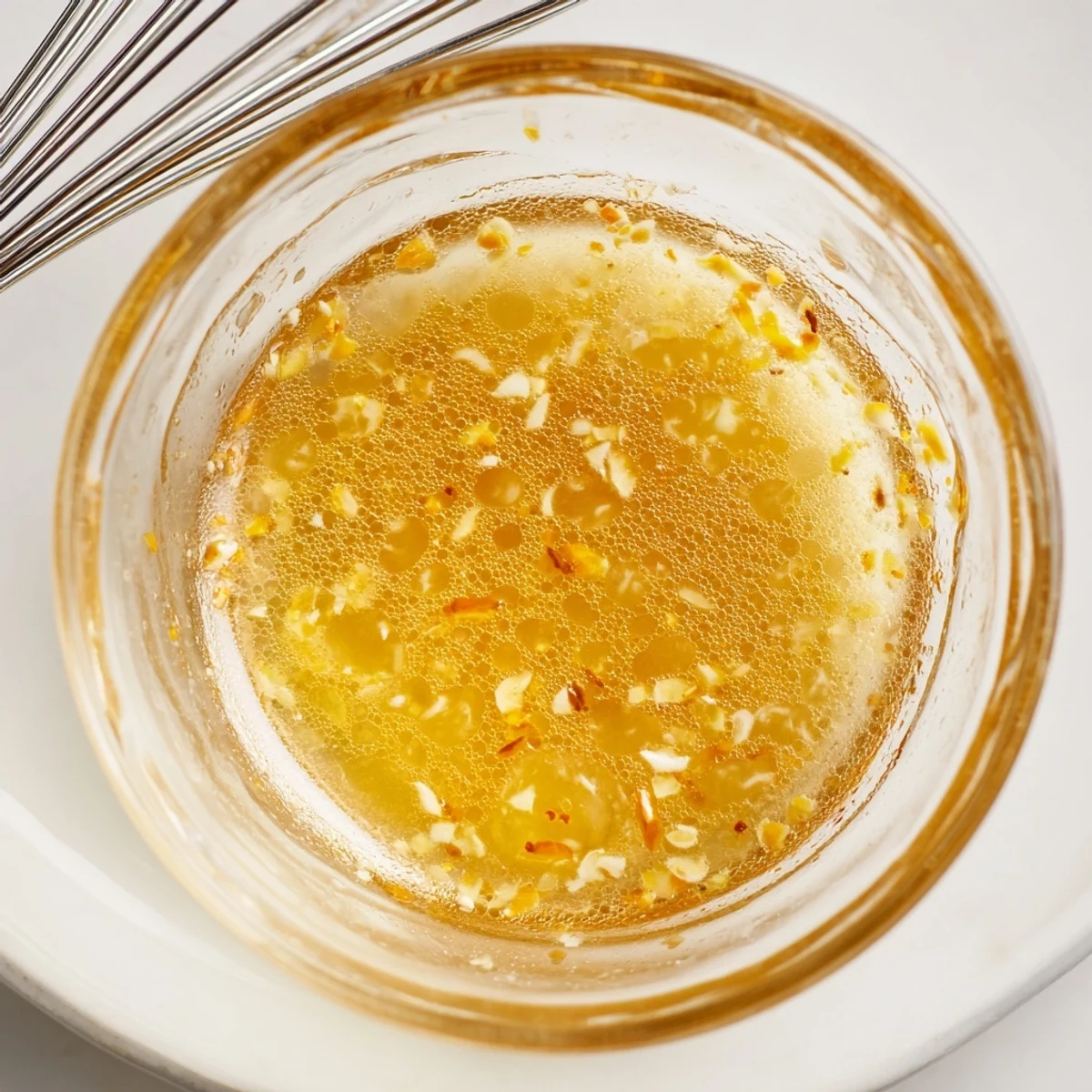 Golden citrus vinaigrette emulsified in a glass jar with fresh orange and lemon zest sprinkled on top