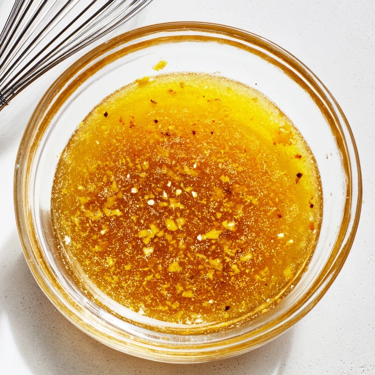 Bright citrus vinaigrette drizzling over crisp mixed greens with shimmering droplets of zesty dressing