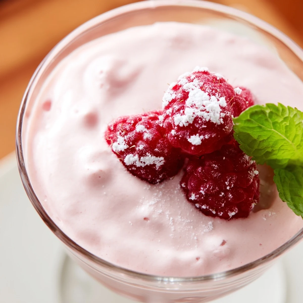 Creamy raspberry cloud mousse topped with fresh berries in elegant glass serving cups