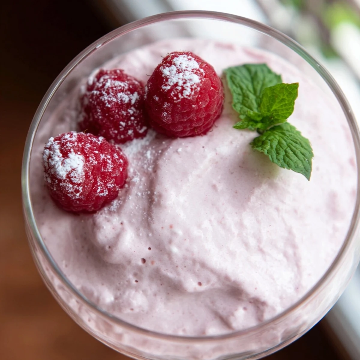 Light and airy raspberry cloud mousse with vibrant pink color garnished with whole raspberries