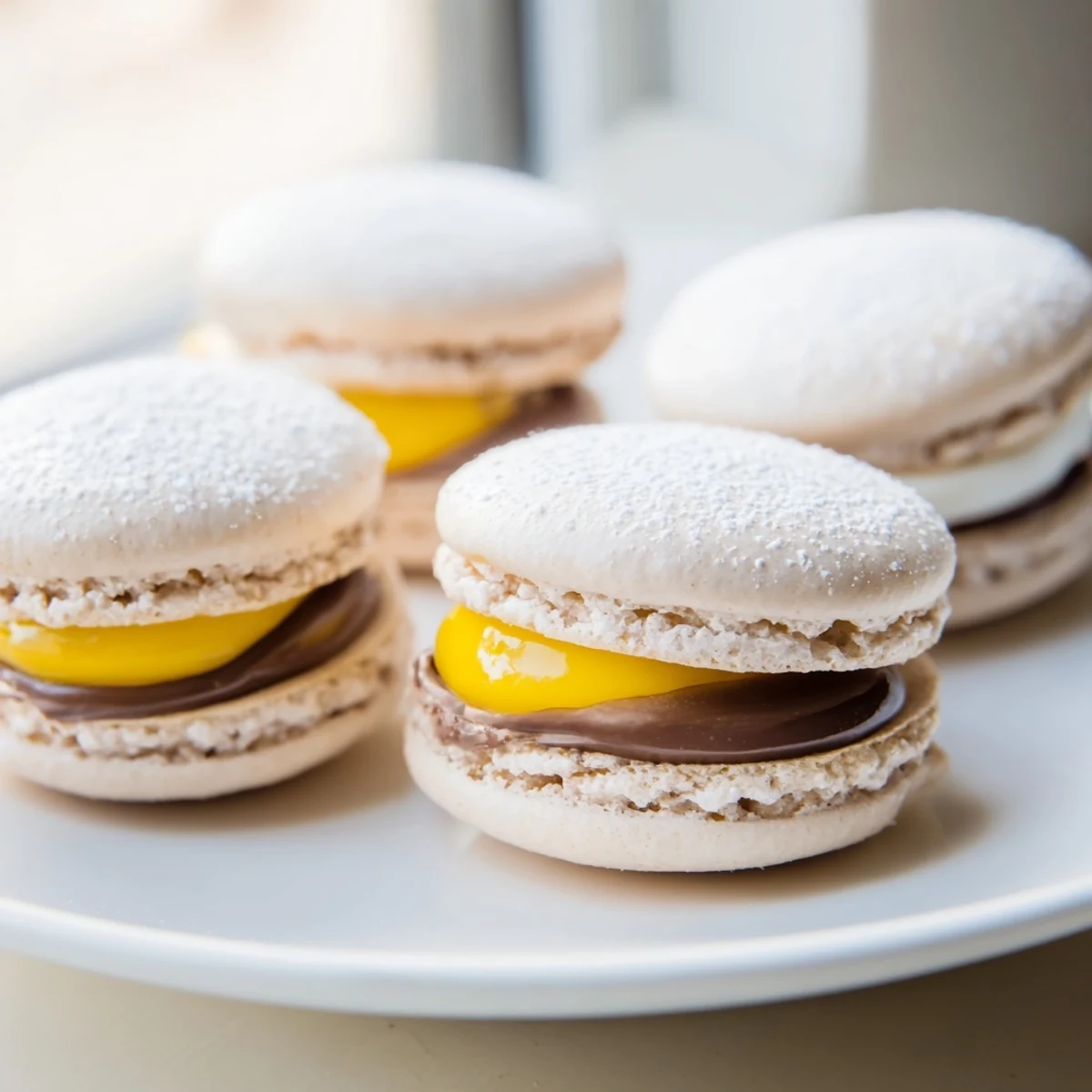 Golden yellow Cadbury Egg macarons arranged on a rustic white serving plate for Easter dessert