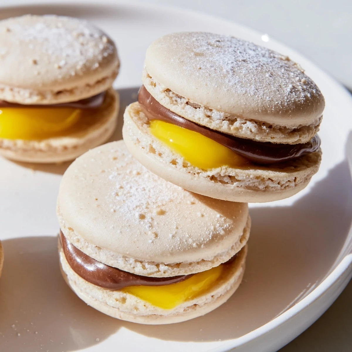 Smooth chocolate Cadbury Egg macarons with creamy yolk center on marble countertop ready to serve