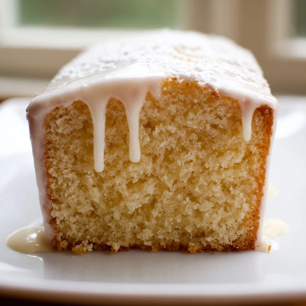 Moist tender Church Cake sliced to reveal its soft fluffy golden crumb