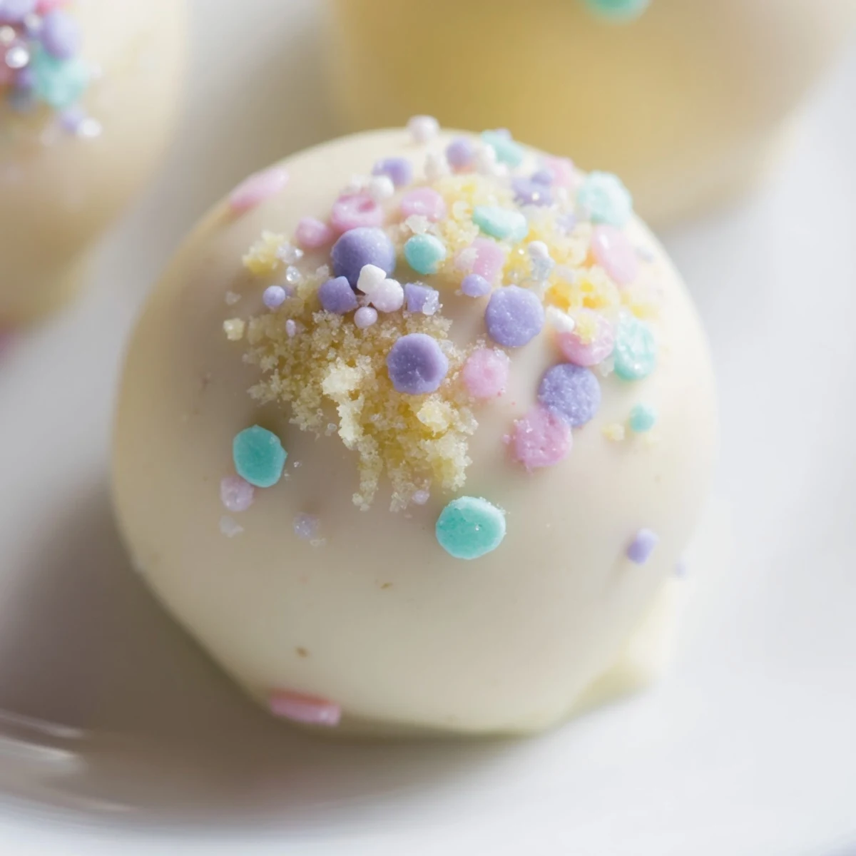 Creamy Banana Pudding Easter Truffles coated in white chocolate with colorful festive sprinkles