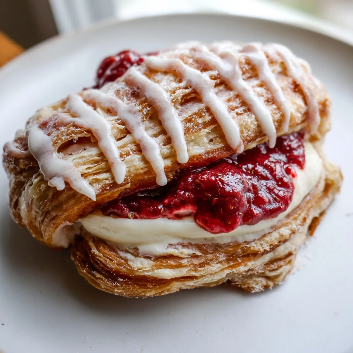 Golden Sourdough Discard Raspberry Cream Cheese Danishes drizzled with sweet vanilla glaze on parchment paper