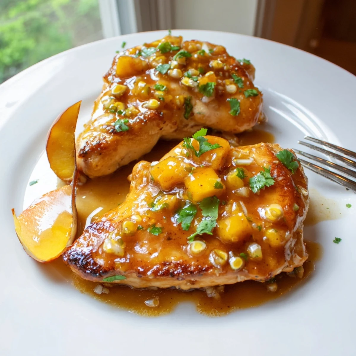 Golden seared Jalapeno Peach Chicken glazed with glossy sweet-spicy sauce in cast iron skillet